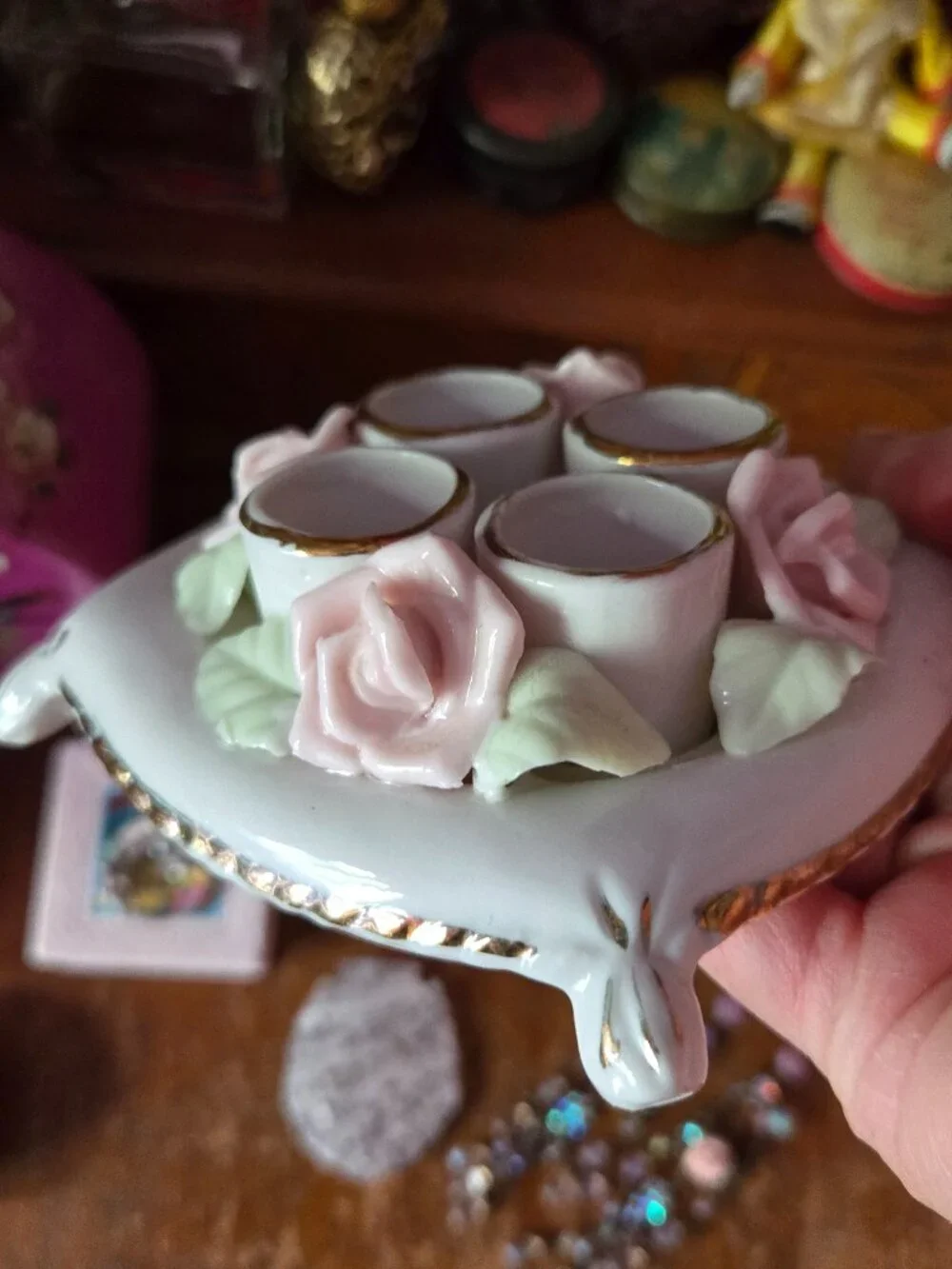 Vintage Porcelain White and Pink Rose Lipstick Holder Romantic Cottagecore